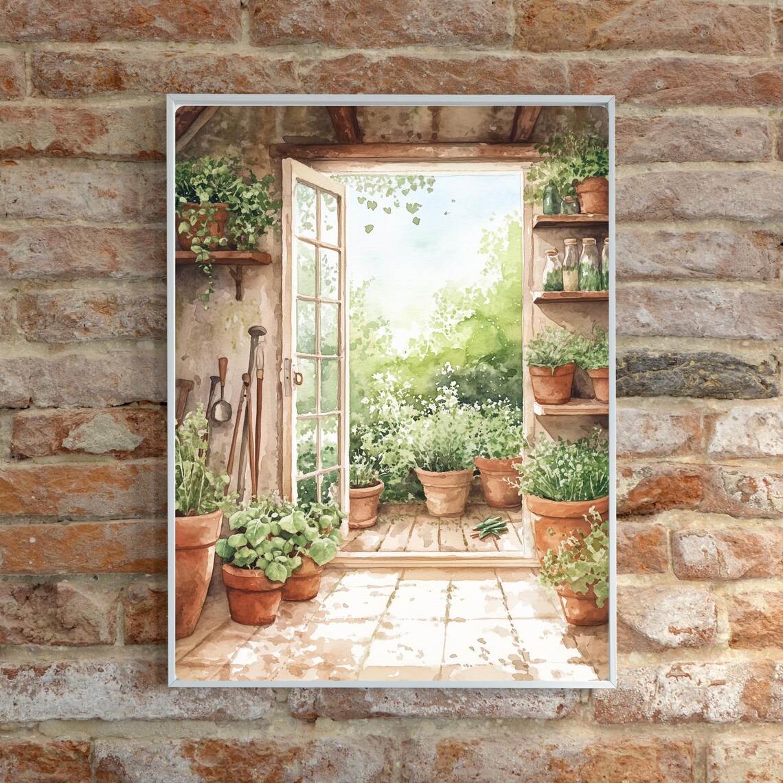 Sunlit Old Greenhouse Interior with Terracotta Potted Plants Print - Image 6