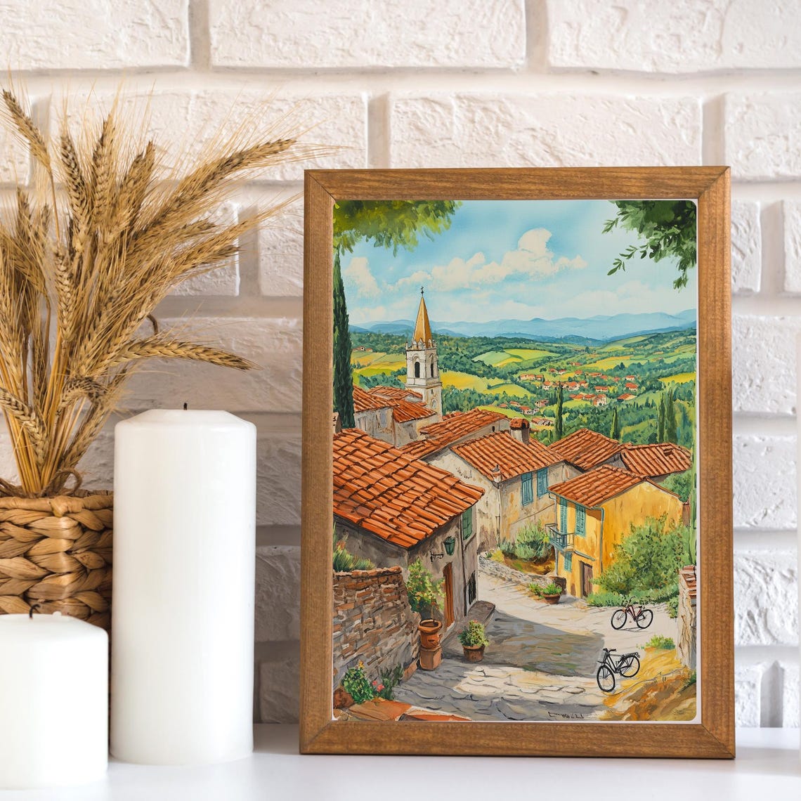 Tuscany Village Bell Tower Bicycles Cypress Trees Italy Poster - Image 3