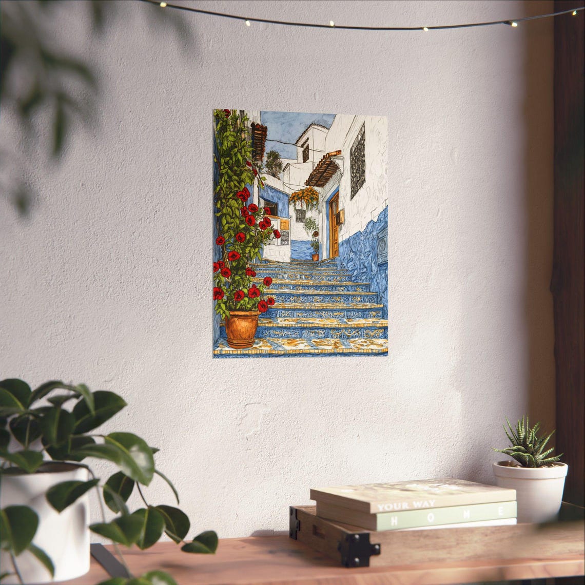 Moroccan Blue Alley Staircase with Red Geraniums Ink Drawing Poster - Image 2