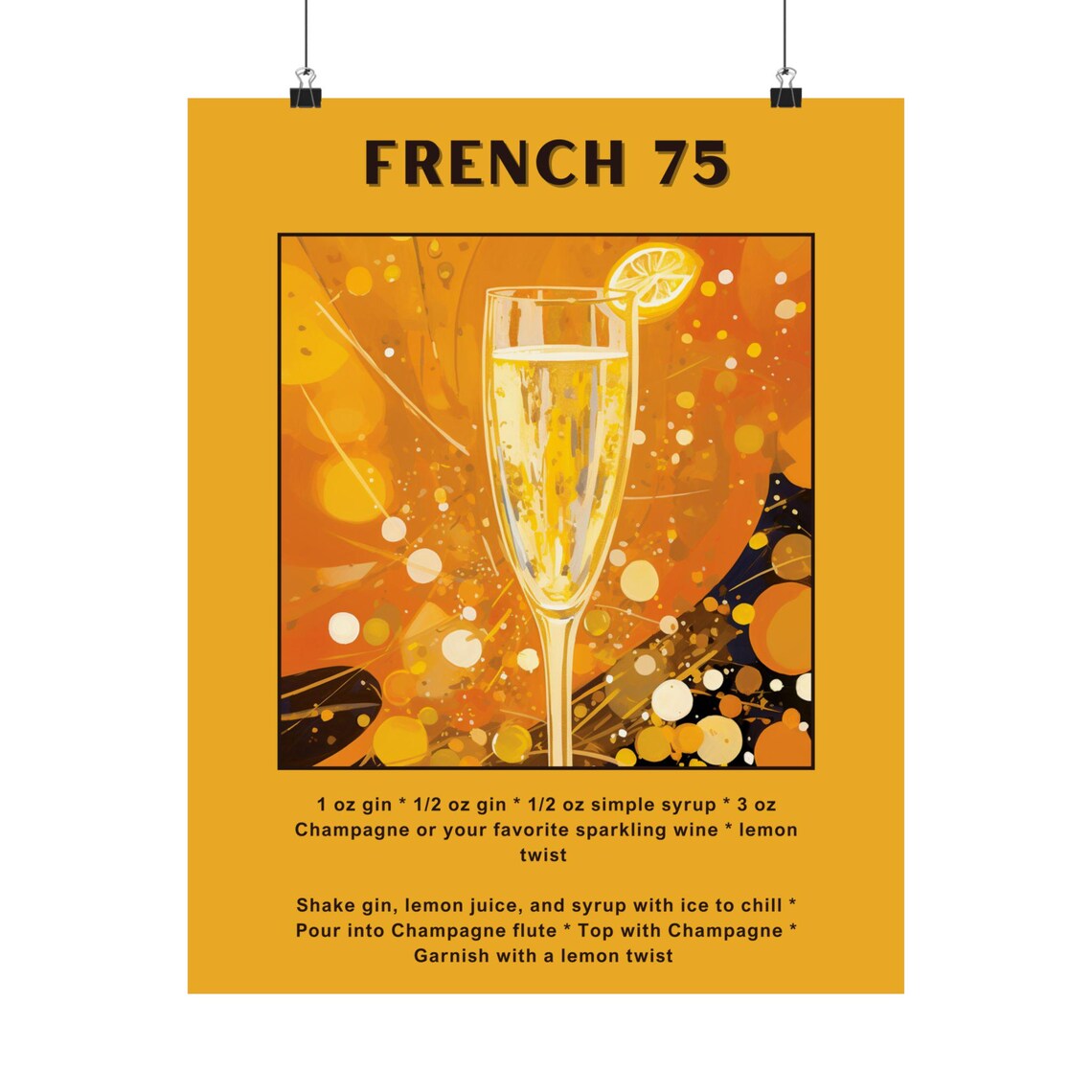 French 75 Cocktail Recipe Poster Champagne Flute Golden Decor