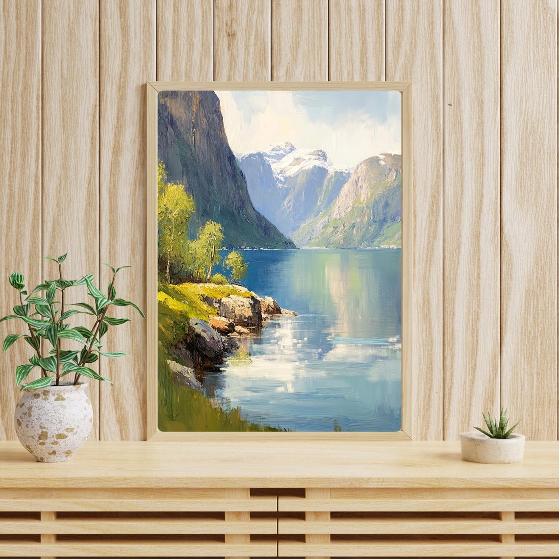 Norwegian Fjord Gouache Painting Scenic Nordic Landscape Art Fjord Wall Decor Serene Mountain Scene Nordic Nature Print - Image 3