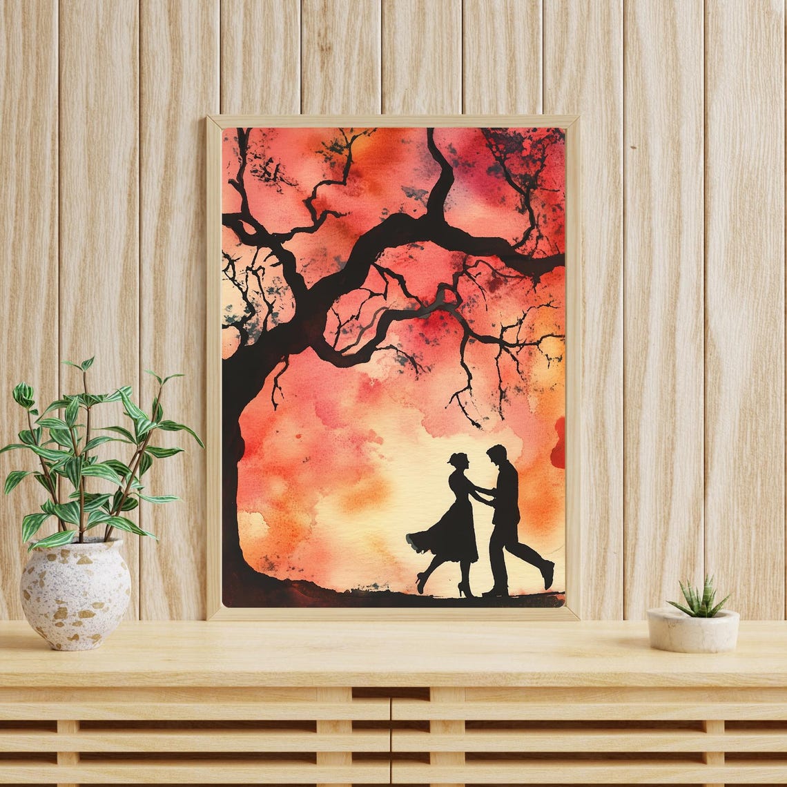 Dancing Couple Silhouette Under Red Sky Bare Tree Watercolor Poster - Image 2