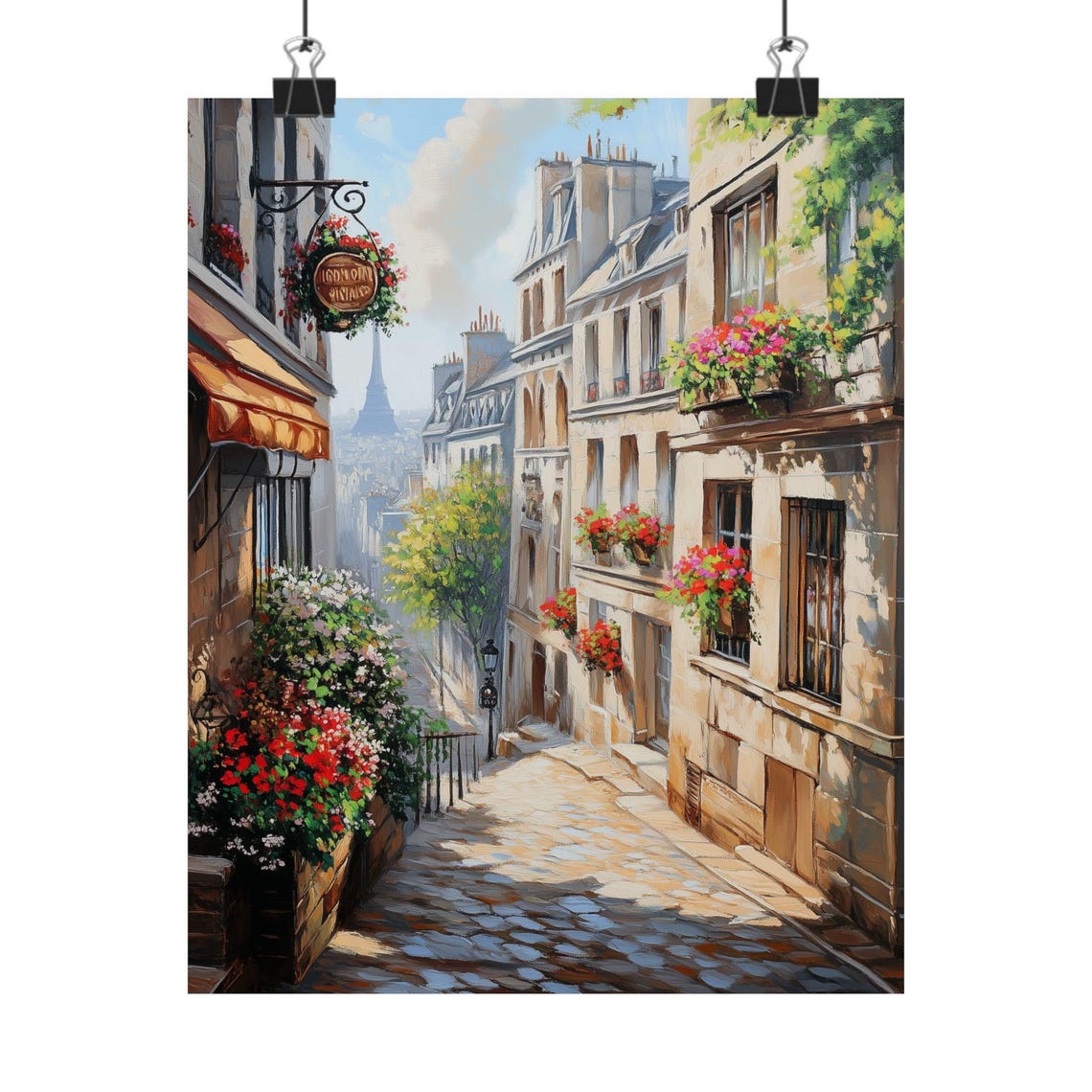 Parisian Cobblestone Street with Eiffel Tower View Flower Shops Poster