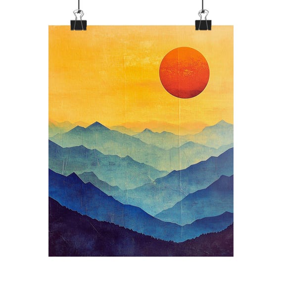 Mountain Range Art Watercolor Sunset Painting Blue Mountains Print Modern Landscape Wall Decor Minimalist Scene Art Abstract Print