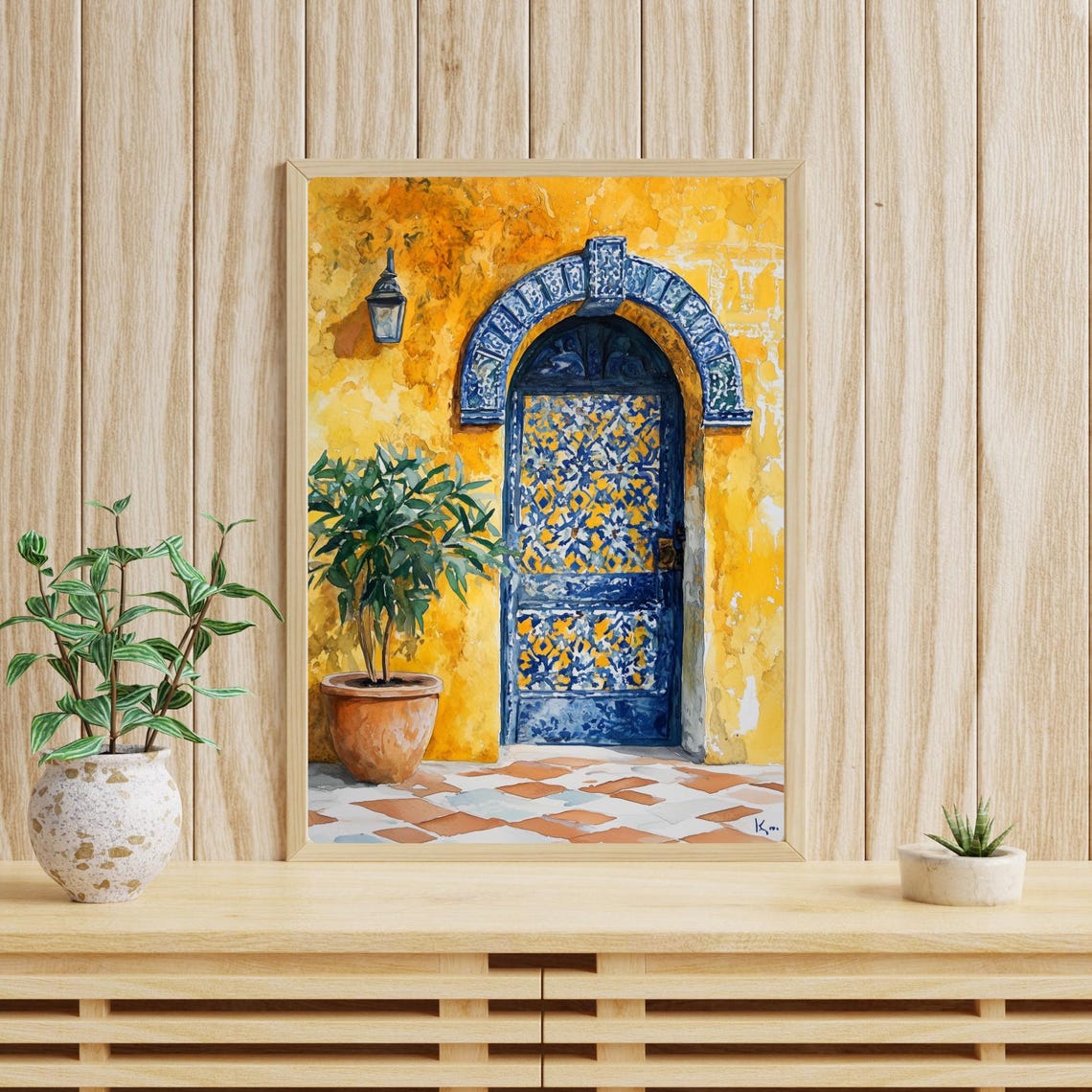 Moroccan Yellow Wall Blue Tile Arch Doorway Lantern Watercolor Poster - Image 4