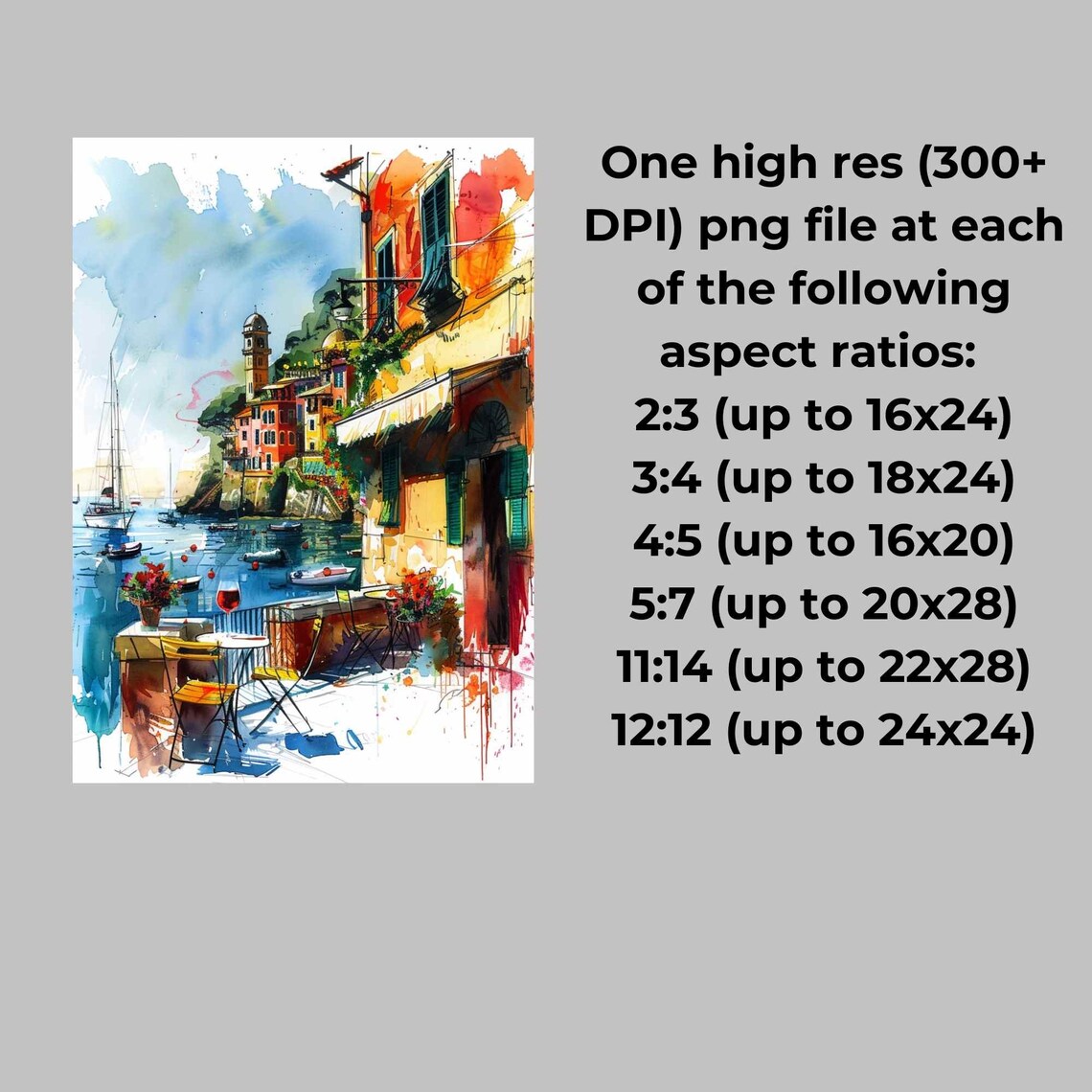 Portofino Harbor Cafe with Colorful Houses Watercolor Poster - Image 2