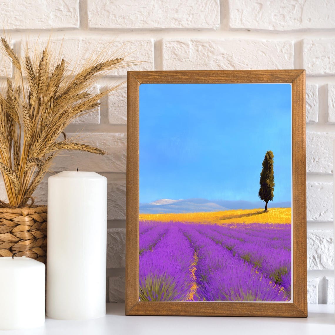 Provence Lavender Field with a Single Cypress Tree at Dusk Print - Image 3