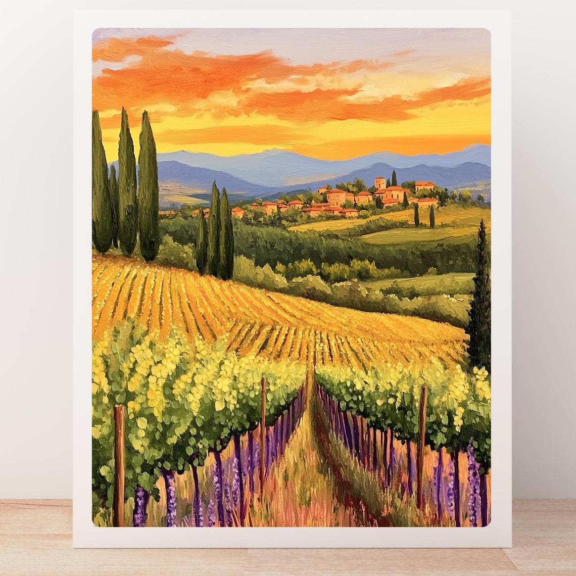 Tuscan Vineyard Rows at Sunset with a Hilltop Village Poster - Image 5