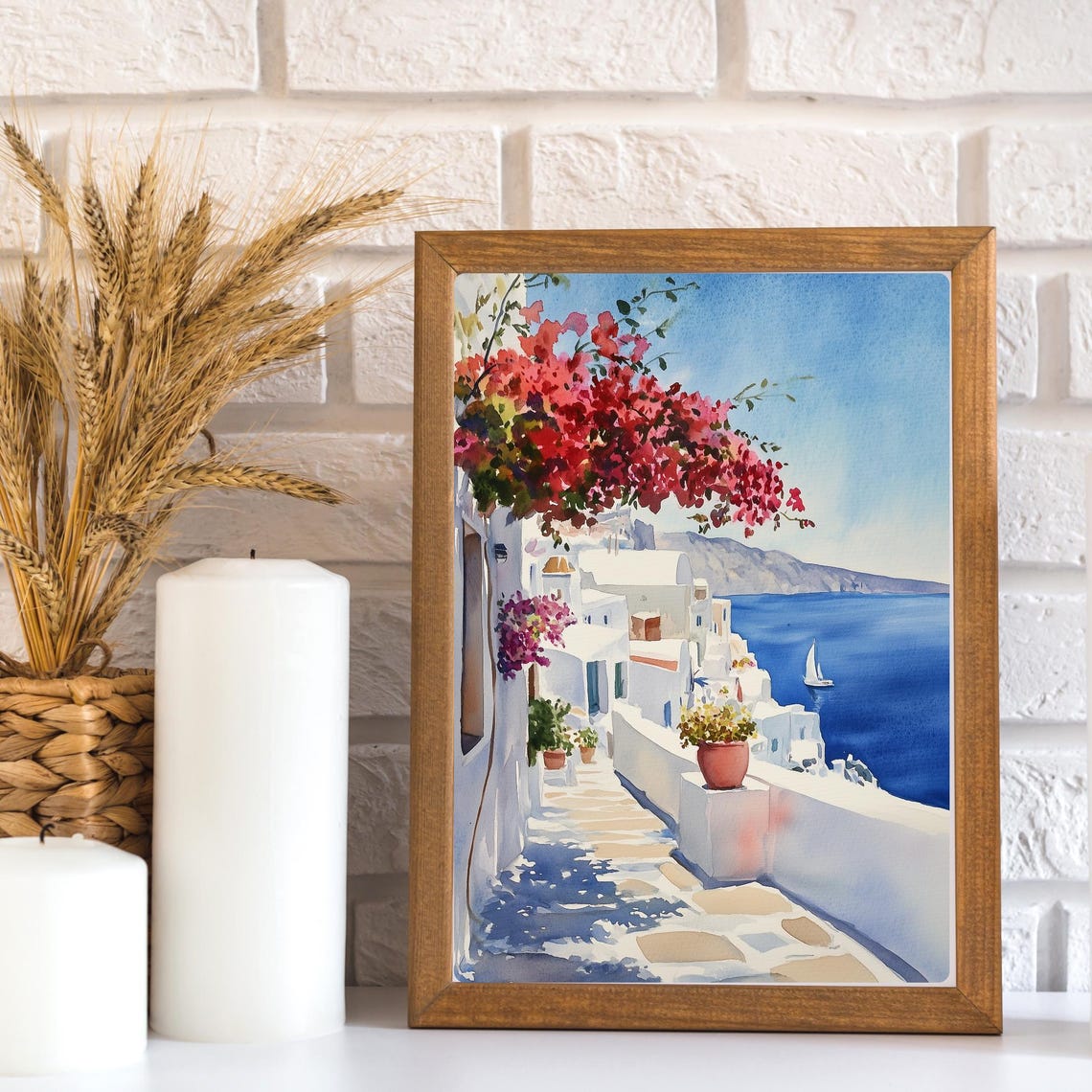 Greek Island Bougainvillea Walkway Aegean Sea Sailboat Poster - Image 3
