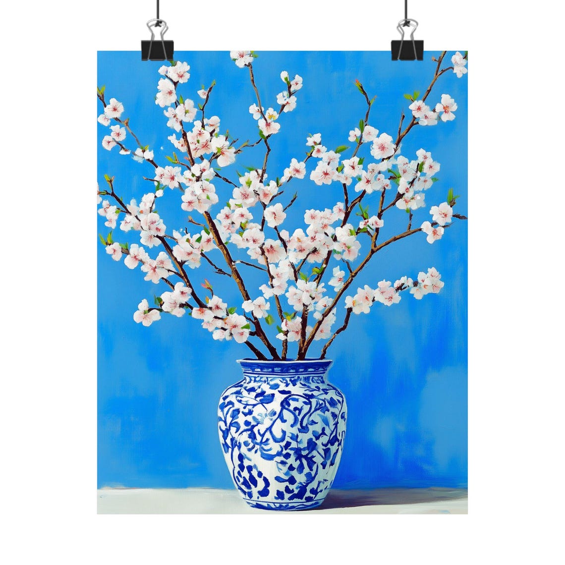 Cherry Blossom Branches in Blue Porcelain Vase Spring Art Poster