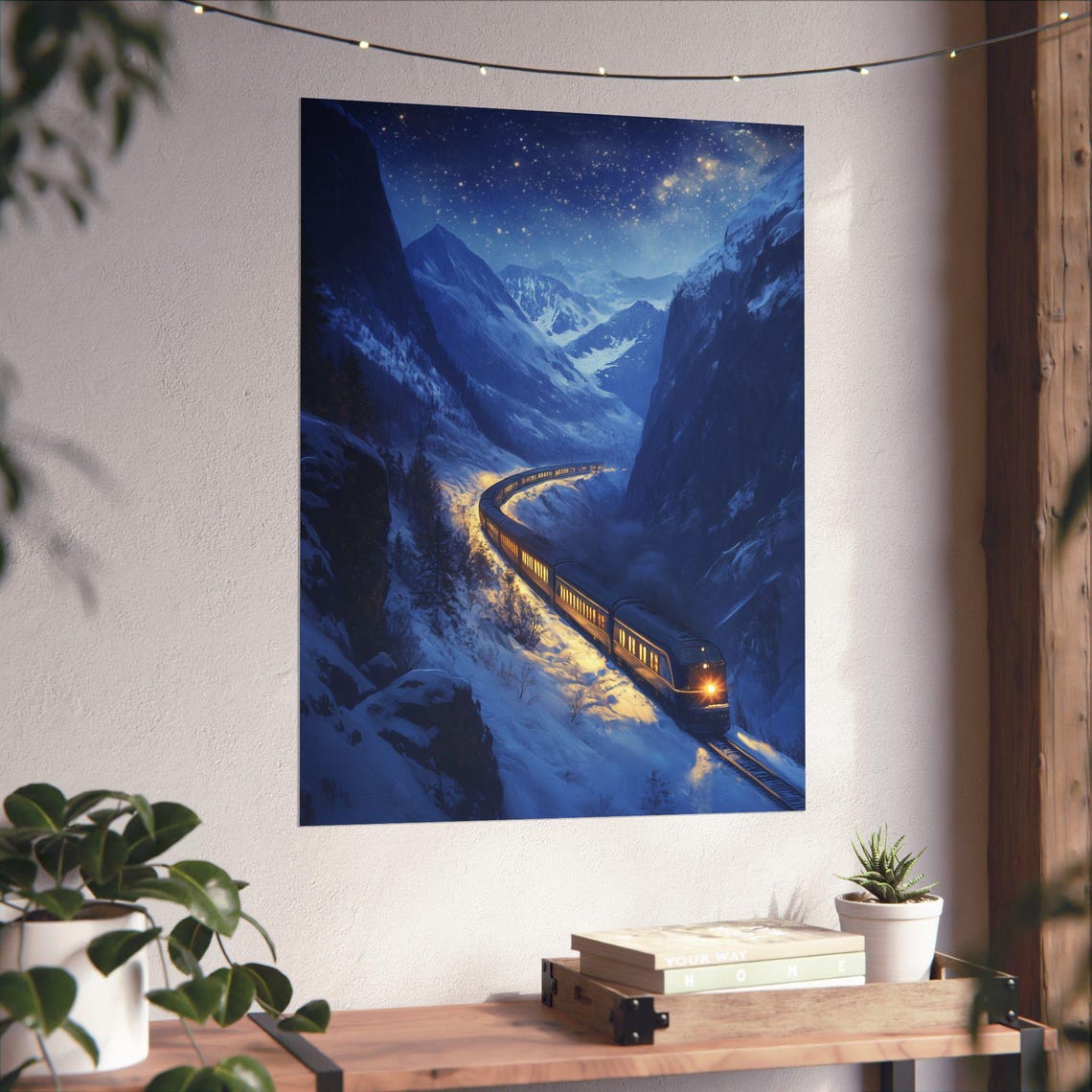 Winter Night Train Crossing Snowy Mountain Peaks Under Stars Poster - Image 6