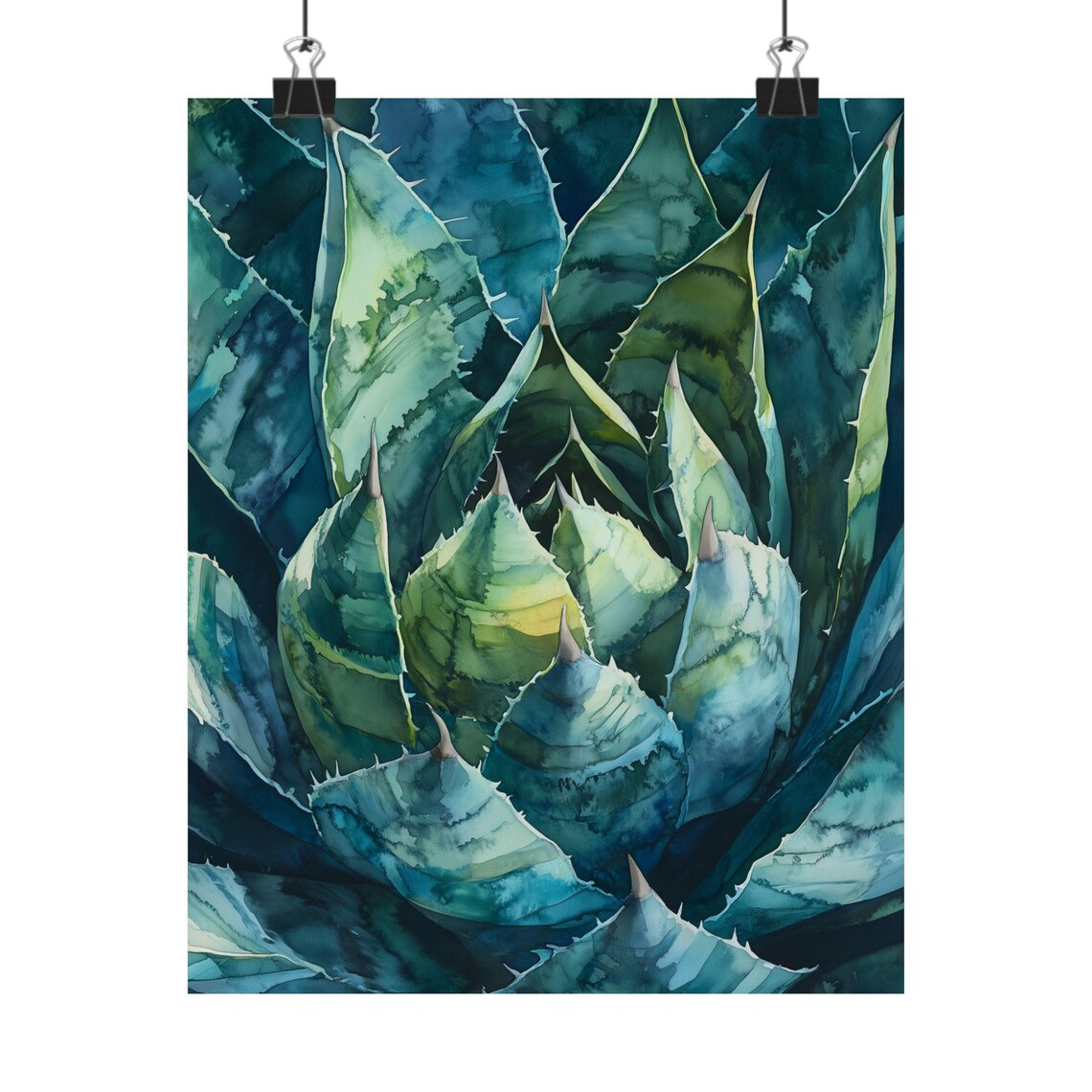 Agave Heart Close Up Blue Green Watercolor Succulent Art Print