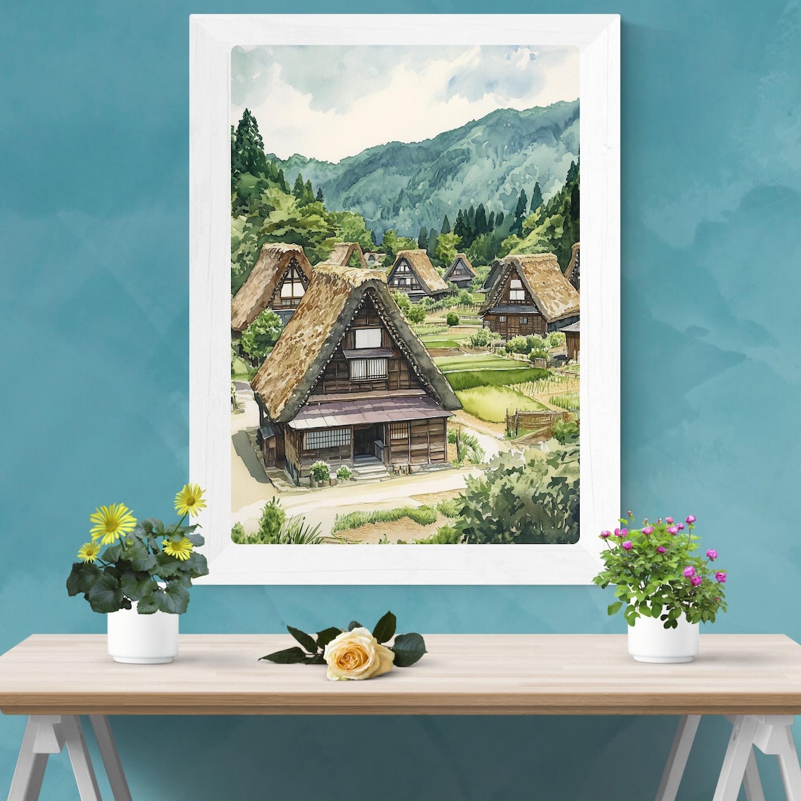 Shirakawa-go Japan Thatched Roof Village Watercolor Art Poster - Image 3