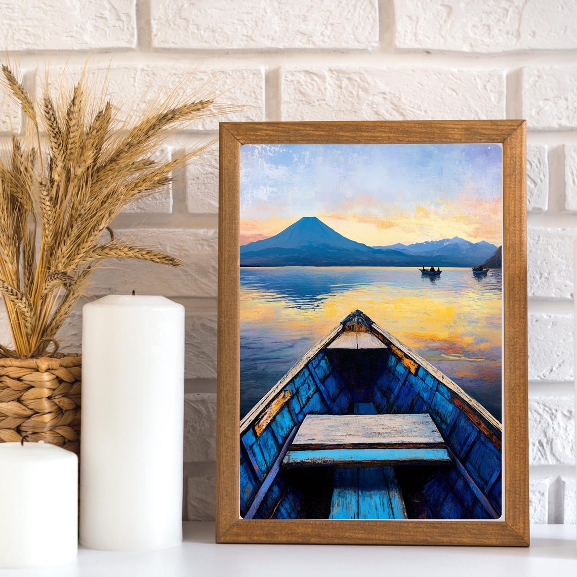 Lake Atitlan Sunrise View from a Blue Boat Toward the Volcano Poster - Image 2