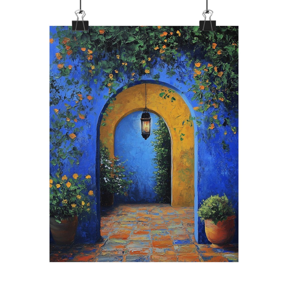 Moroccan Blue Archway Courtyard Lantern Oil Painting Style Print