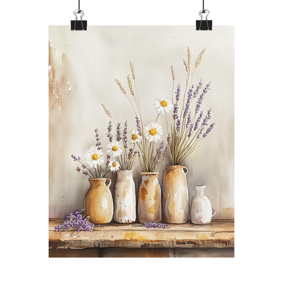 Wildflowers and Lavender in Rustic Pottery Vases Farmhouse Print