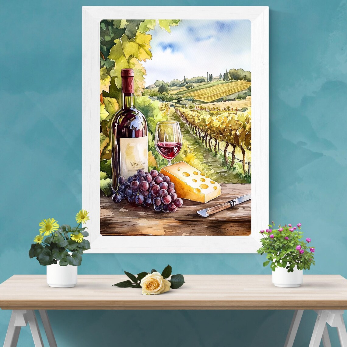 Vineyard Wine Bottle Cheese Grapes Still Life Watercolor Poster - Image 2