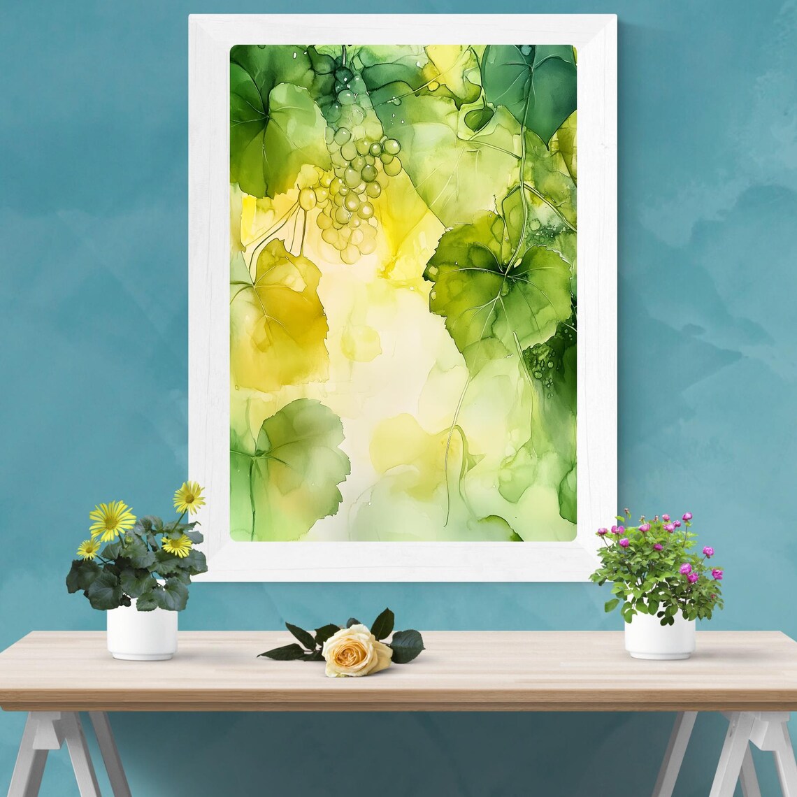 Sunlit Green Gold Grapevine Leaves Botanical Watercolor Poster - Image 2