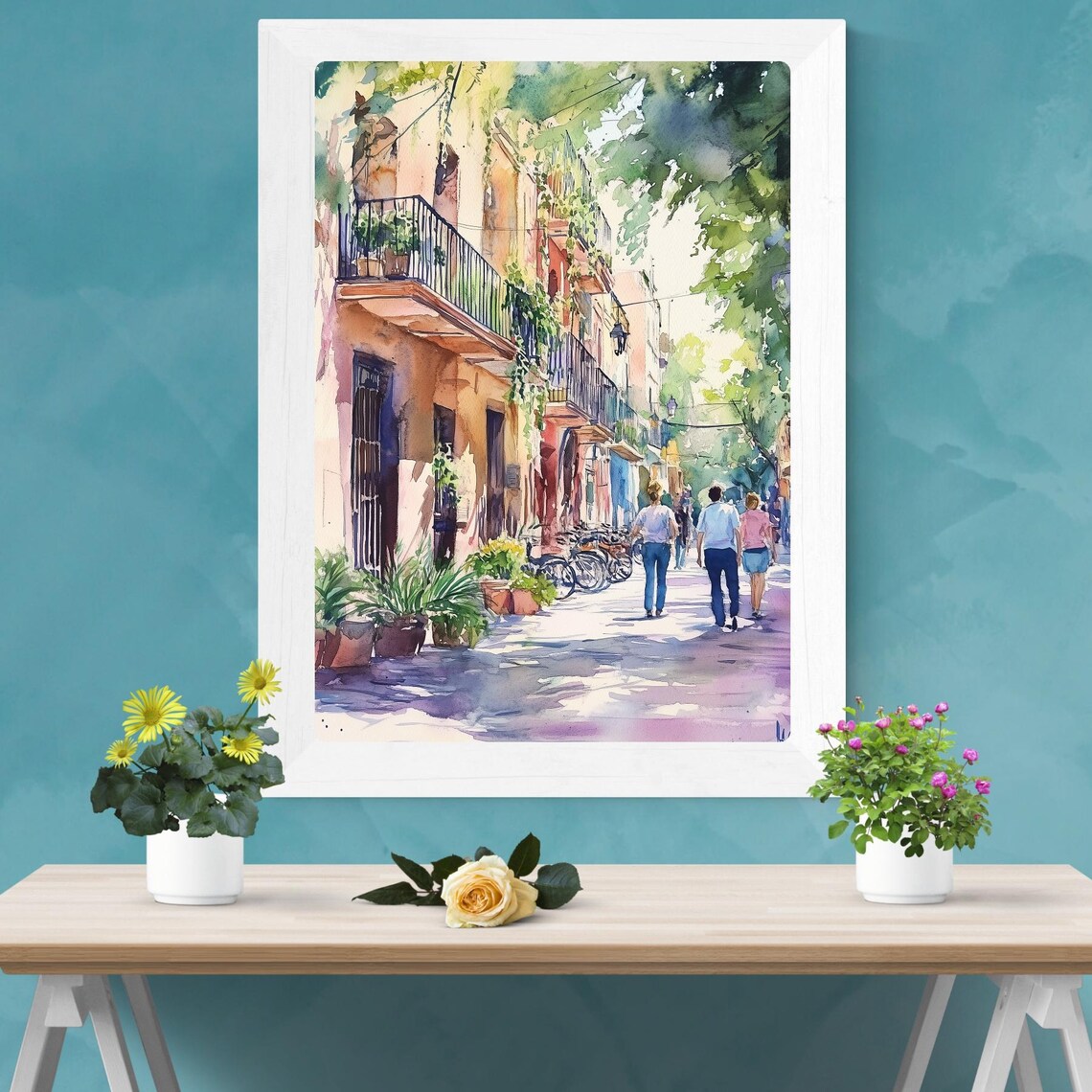 Roma Norte Mexico City Street Balconies Bicycles Watercolor Poster - Image 2