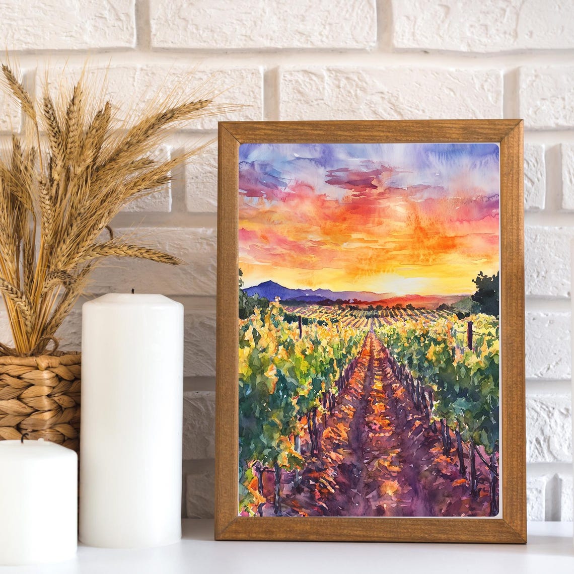 Vineyard Sunset Golden Rows Rolling Hills Watercolor Landscape Poster - Image 3