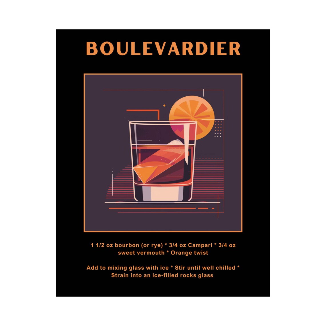 Boulevardier Cocktail Recipe Poster Rocks Glass Orange Retro Bar - Image 4