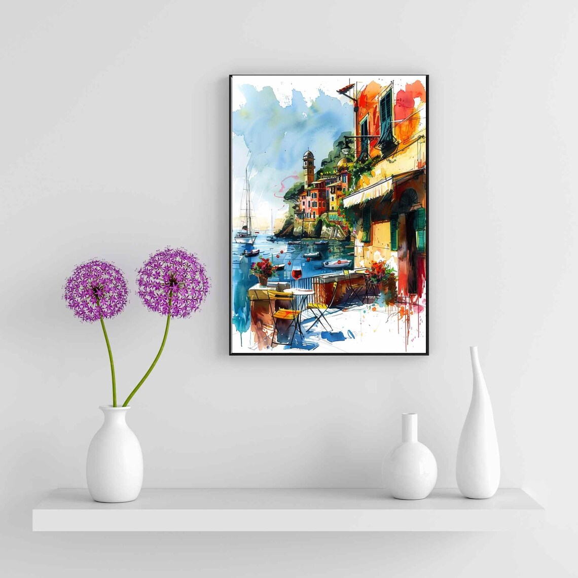 Portofino Harbor Cafe with Colorful Houses Watercolor Poster - Image 6