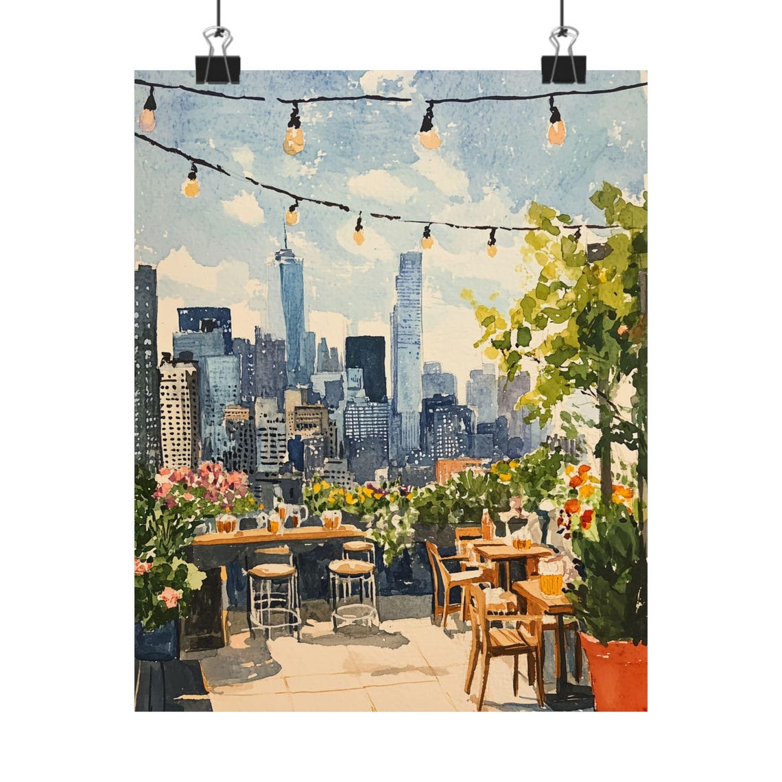 New York City Rooftop Bar with Skyline and String Lights Poster