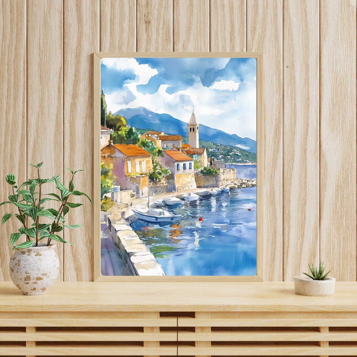 Croatian Coastal Town Harbor with Bell Tower Watercolor Poster - Image 4