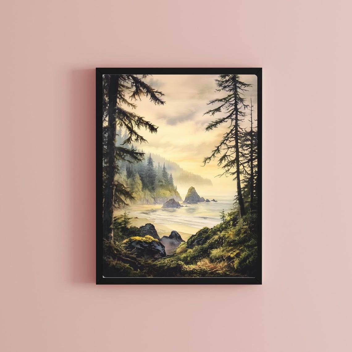 Coastal Sunset Beach Scene Art Moody Misty Beach Wall Art Print Sitka Spruce Trees Artwork Ocean And Rocks Print Nature Landscape - Image 2