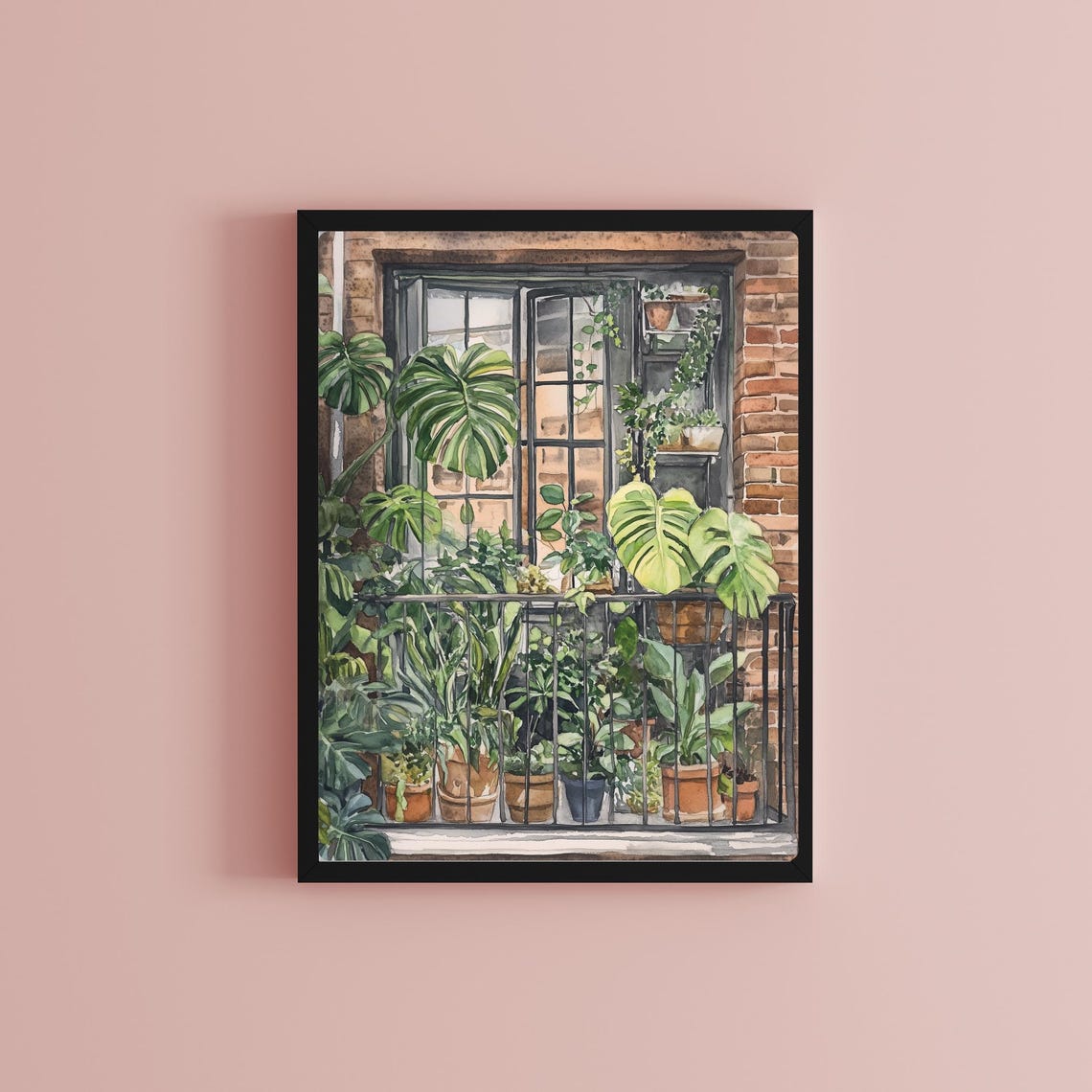 Potted Monstera Plants on a Brick Balcony Window Scene Poster - Image 2