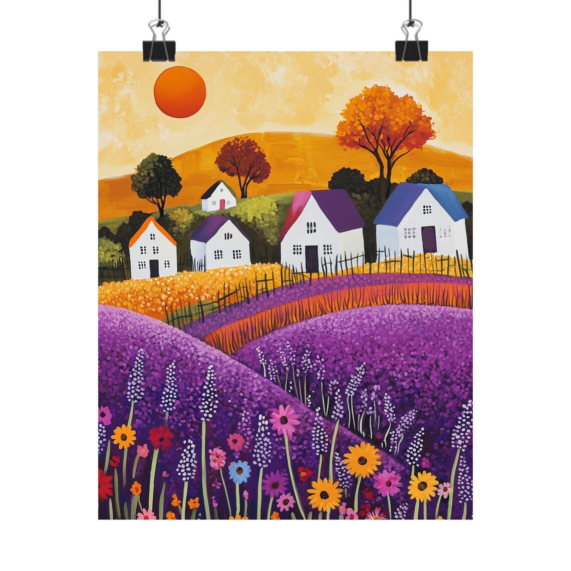 Whimsical Folk Art Village Houses in Purple Lavender Fields Poster