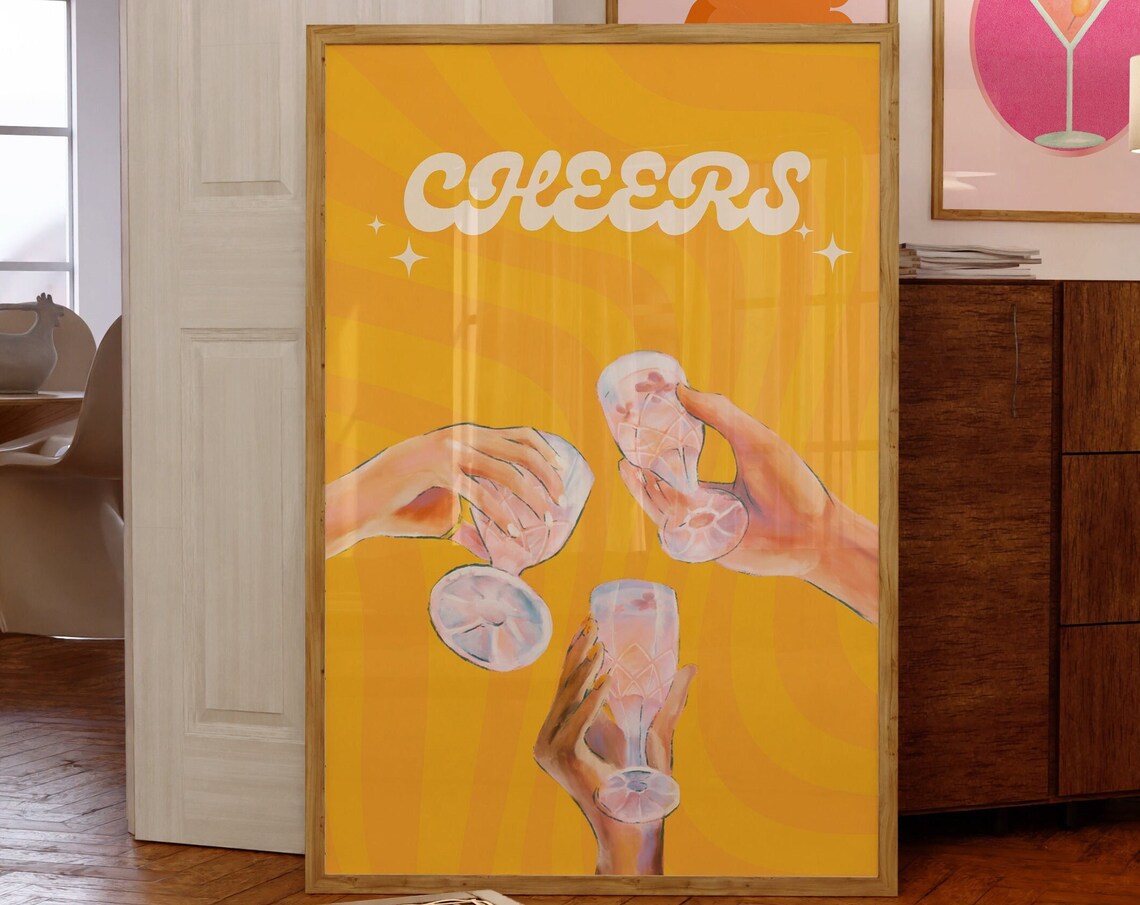 Retro Cheers Poster With Champagne Toast on Orange Background