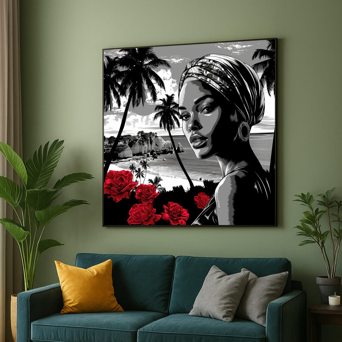 Elegant Woman Portrait Red Roses Black and White Tropical Art Poster