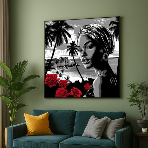Elegant Woman Portrait Red Roses Black and White Tropical Art Poster