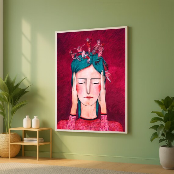 Surreal Mindscape Canvas Woman With Miniature Figures Abstract Mental Health Art Contemporary Wall Unique Decor Ready To