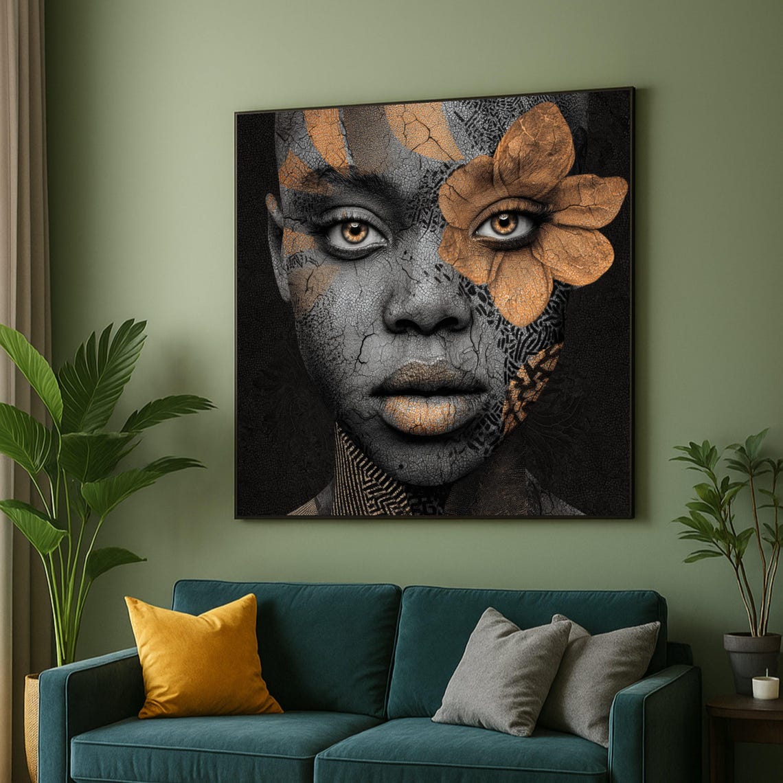 Abstract Woman Face Orange Floral Grey Cracked Texture Art Print