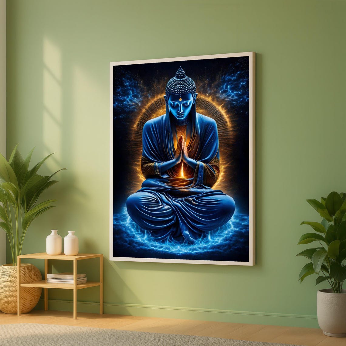 Blue Buddha Meditation Canvas Spiritual Wall Art Zen Home Decor Enlightenment Peaceful Statue Artwork Ready To Hang