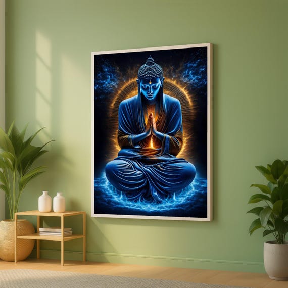 Blue Buddha Meditation Canvas Spiritual Wall Art Zen Home Decor Enlightenment Peaceful Statue Artwork Ready To Hang