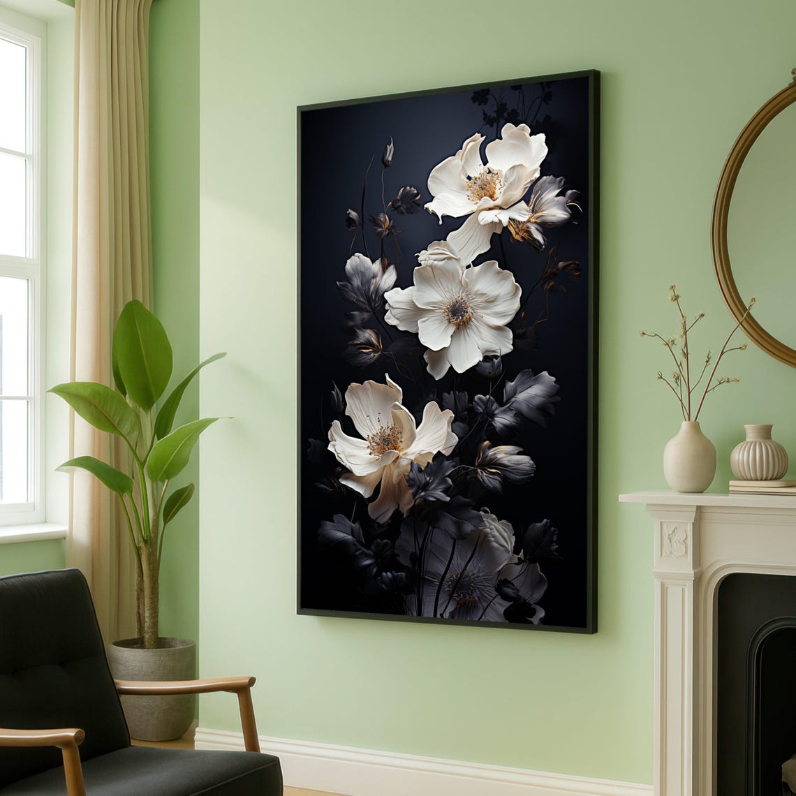 Elegant White Blossoms On Black Dramatic Botanical Art Poster