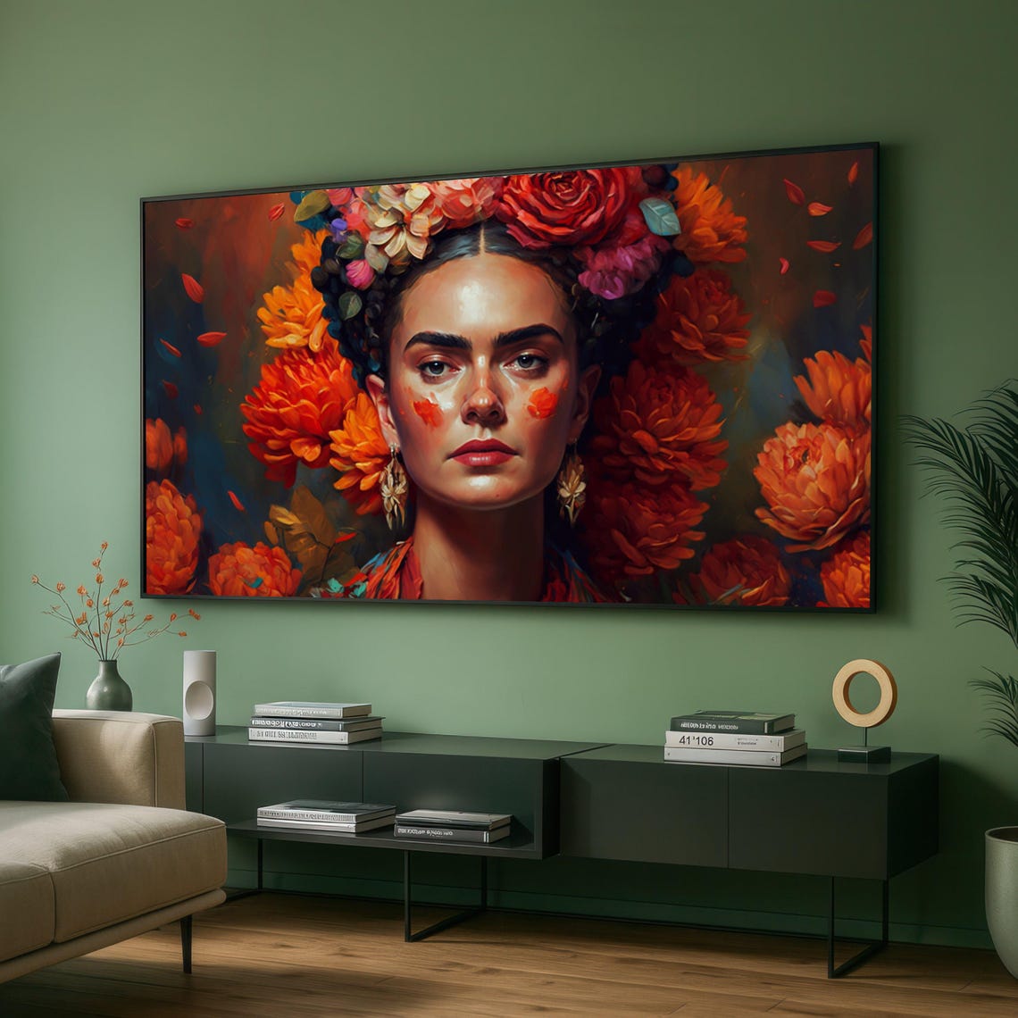 Vibrant Floral Crown Woman Portrait Bohemian Flower Colorful Wall Art
