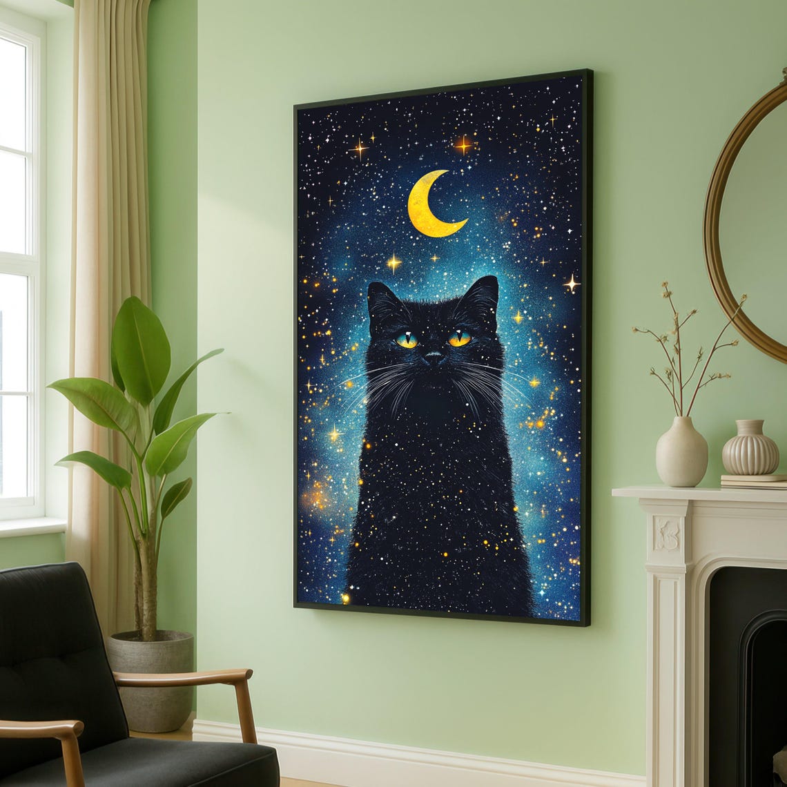 Mystical Black Cat Beneath a Crescent Moon and Starry Night Poster