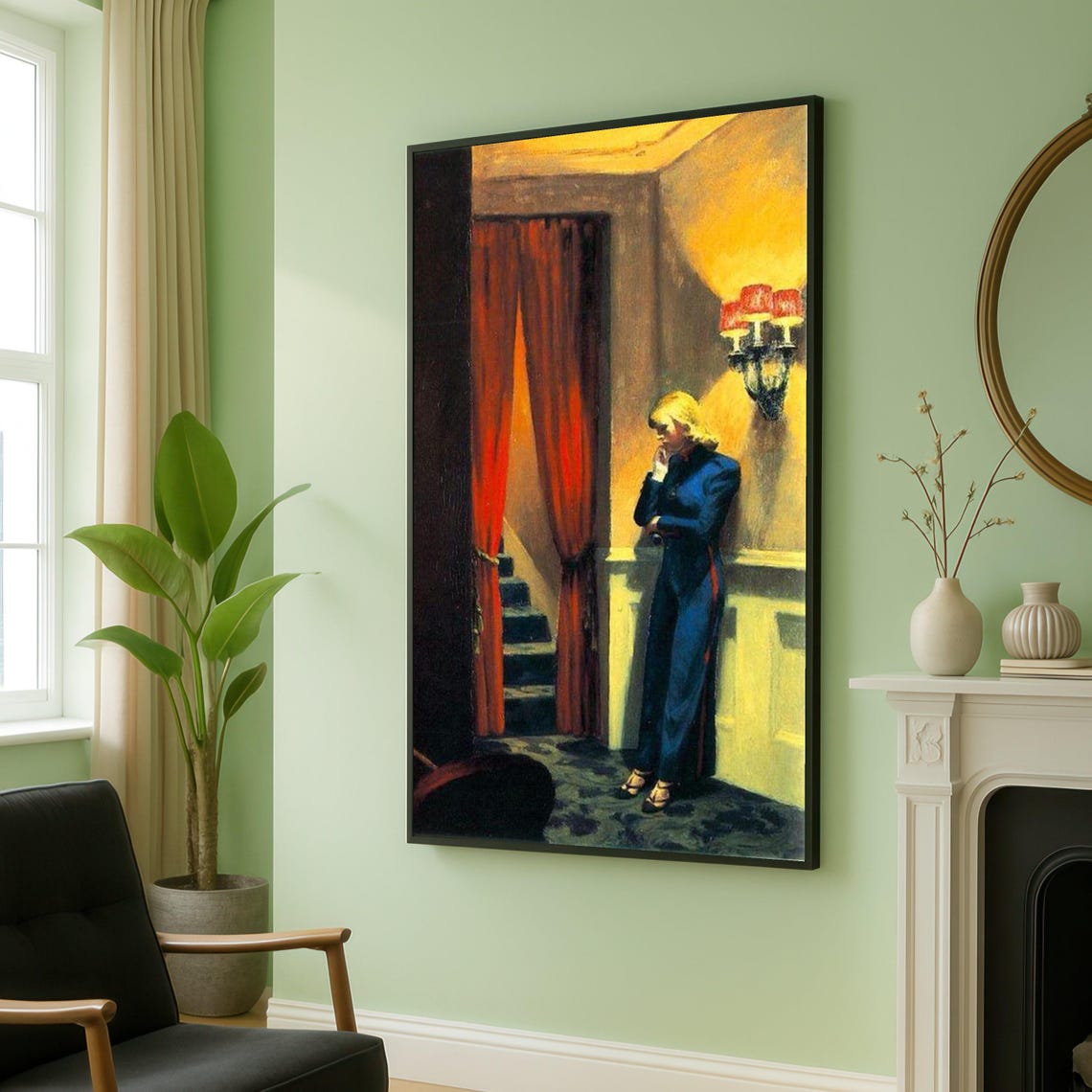 Thoughtful Woman in Blue Dress Moody Interior Figurative Art Print