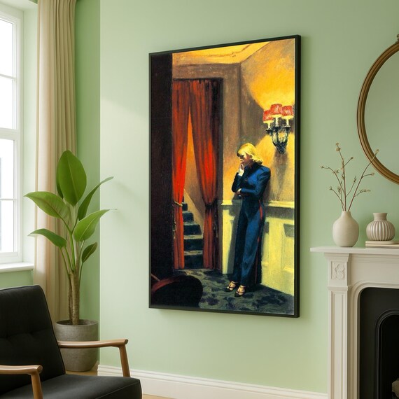 Thoughtful Woman in Blue Dress Moody Interior Figurative Art Print