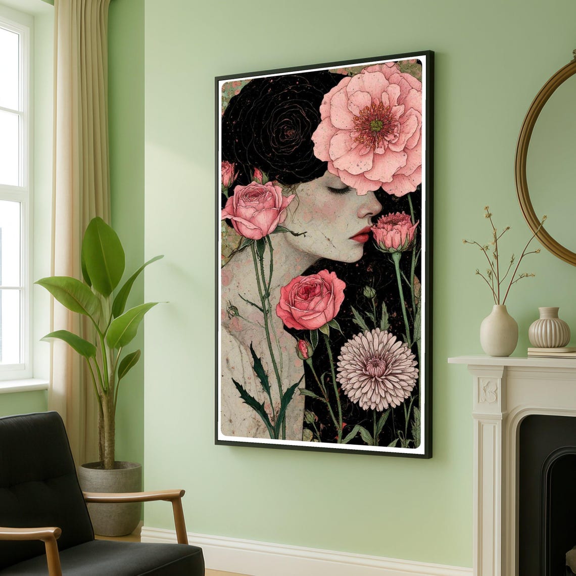Romantic Woman Profile Pink Roses Vintage Botanical Elegant Wall Art