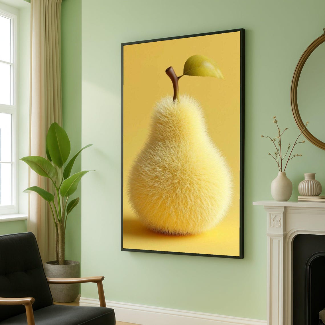Fluffy Fuzzy Yellow Pear Surreal Minimalist Fruit Art Poster