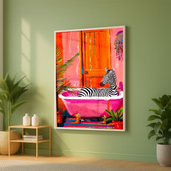 Vibrant Zebra In Pink Bathtub Canvas Colorful Animal Wall Art Modern Abstract Home Decoration Bold Interior Print