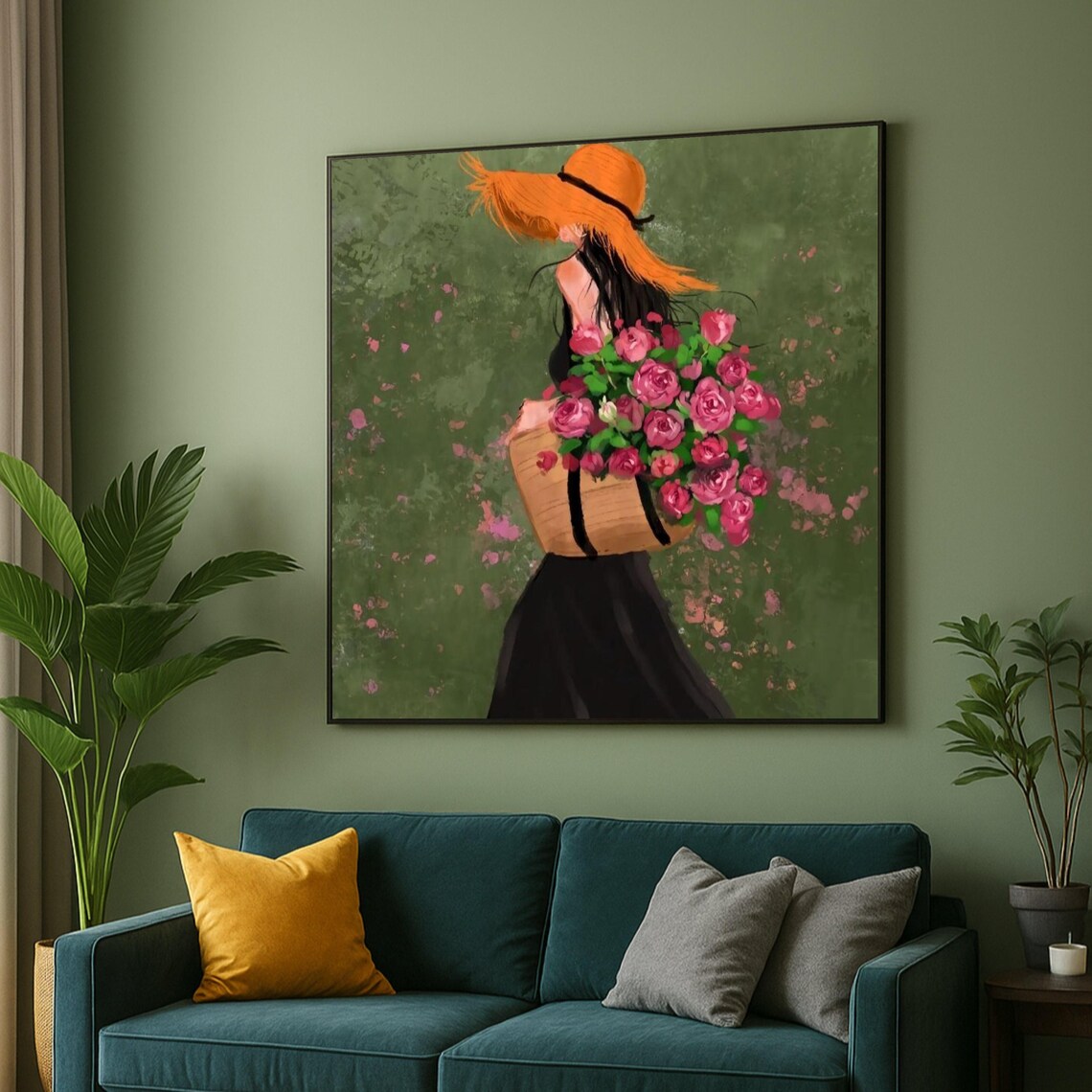 Woman In Straw Hat Carrying Basket Of Pink Roses Garden Art Print