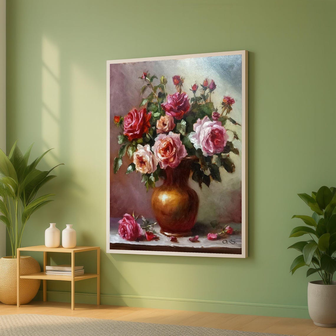 Classic Rose Bouquet Amber Vase Vintage Romantic Still Life Poster