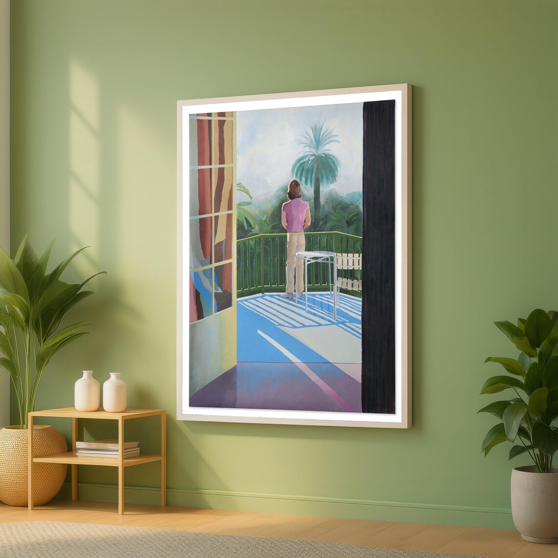 Contemplative Balcony Scene Canvas Modern Figurative Wall Art Palm Tree View David Hockney Style Painting Home Decor Print