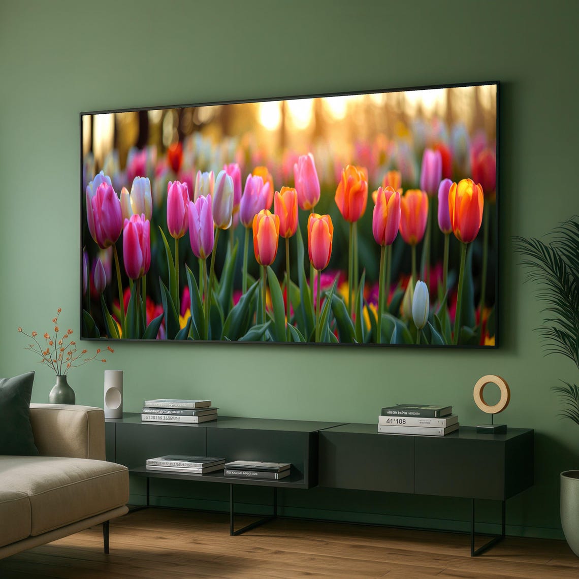 Vibrant Spring Tulip Field Sunset Glow Colorful Floral Garden Poster